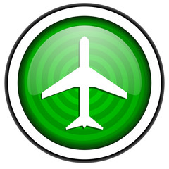 airplane green glossy icon isolated on white background