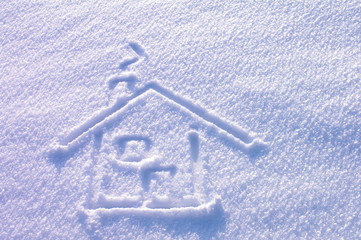 Domek narysowany na śniegu - obrazy, fototapety, plakaty