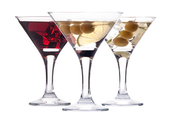 martini with olive and ice set isolated
