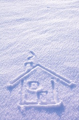 Domek narysowany na śniegu - obrazy, fototapety, plakaty