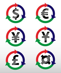 Currency Symbols: dollar, euro, pound, yuan, yen.