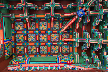 Decorated woodwork on the roof. Changdeokgung Palace. Seoul