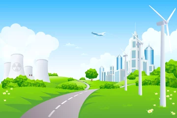 Afwasbaar Fotobehang Vliegtuigen Groen landschap met stadswindmolens en kerncentrale