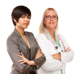 Young Mixed Race Woman with Female Doctor or Nurse on White