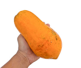 Papaya on white background holding hands.
