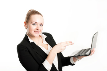 Woman with laptop on a light background
