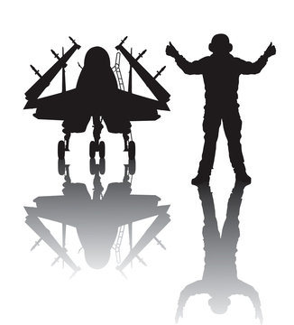 Landing military aircraft vector silhouette