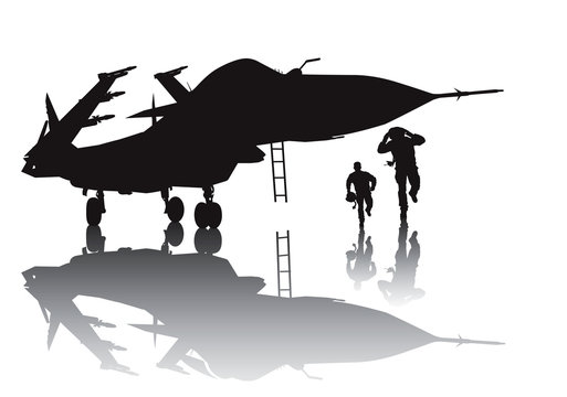 Military aircraft and running pilots vector silhouette