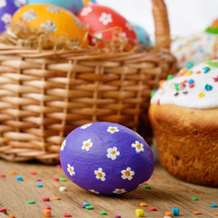 Fototapeta na wymiar Easter eggs, cake, basket
