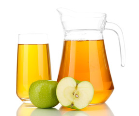 Full glass and jug of apple juice and apples isolted on white