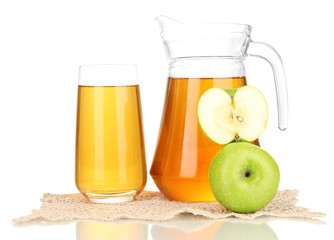 Full glass and jug of apple juice and apples isolted on white