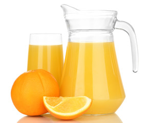 Full glass and jug of orange juice and oranges isolated on
