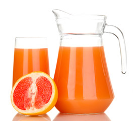 Full glass and jug of grapefruit juice and grapefruits isolated
