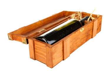 Wooden case with wine bottle isolated on white