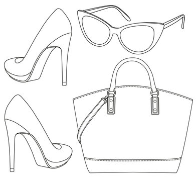 Set of female accessorize. Sunglasses bag shoe