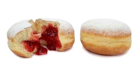 Delicious berliner with jam on white background.