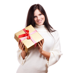 Happy woman holding gift box, isolated on white background