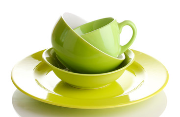 Green tableware isolated on white