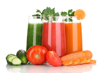 Fresh vegetable juices isolated on white