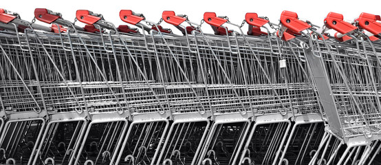 A line of shopping carts nested together