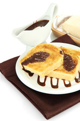 White bread toast with chocolate on plate, isolated on white