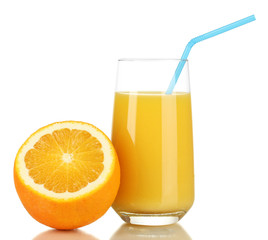 Delicious orange juice in glass and orange next to it isolated
