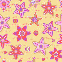 Seamless Pattern with Flowers and Hand Writing Text