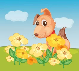 Foto op Plexiglas Honden Een hond en bloemenplant