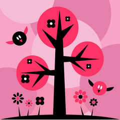 Cute birds flying by the tree