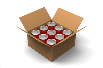 3D model of red cans in a brown box
