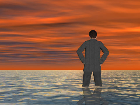 Conceptual Young businessman standing in water