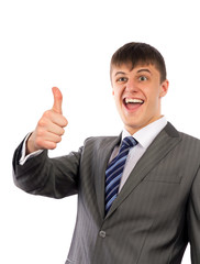 happy young business man showing thumbs up