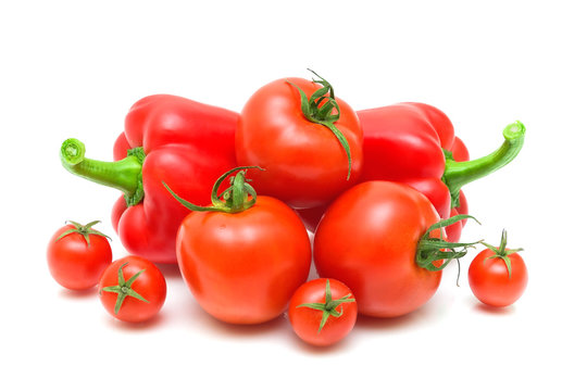 tomato varieties and pepper isolated on white background