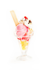 Ice cream in bowl three scoops on white background