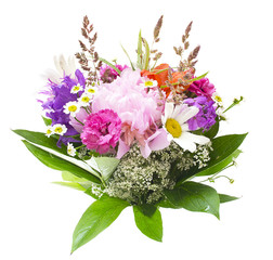 A bouquet of peony, carnation and clover isolated on white backg