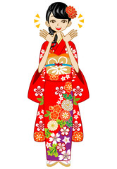 Kimono woman, Happy,Red