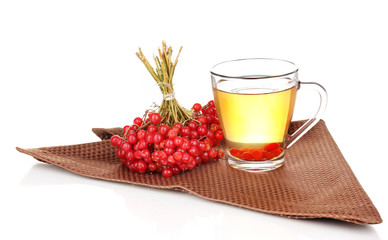 tea with red viburnum isolated on white