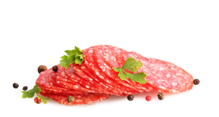 tasty sausage with spices, isolated on white