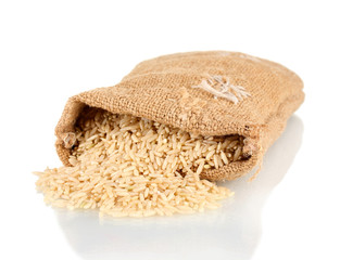 Cloth bag of rice isolated on white