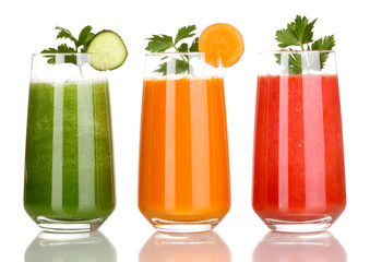 Fresh vegetable juices isolated on white