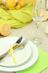 beautiful holiday table setting with lemons, close up