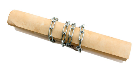 Old scroll with chain, isolated on white