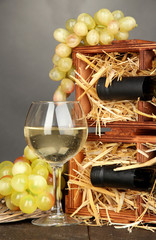 Wooden case with wine bottles, wineglass and grape