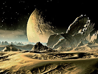 Naklejka premium Crashed Alien Spaceship on Distant World