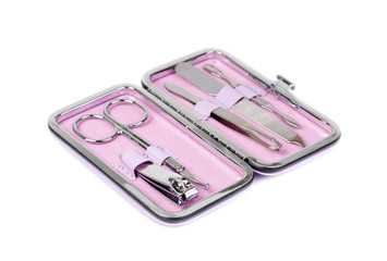 Pink manicure set, isolated on white backgroun