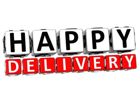 3D Happy Delivery Button Click Here Block Text