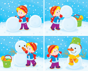 Small child sculpts a snowman