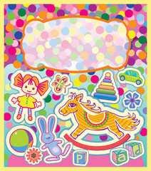 A colorful greeting card with children's toys