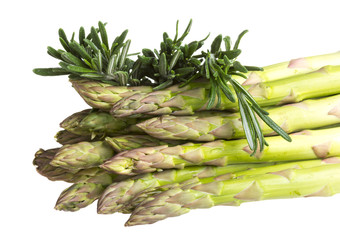 fresh asparagus spears with rosemary isolated on white