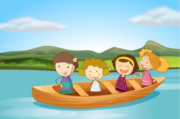 Plaid mouton avec motif Rivière, lac Enfants dans un bateau